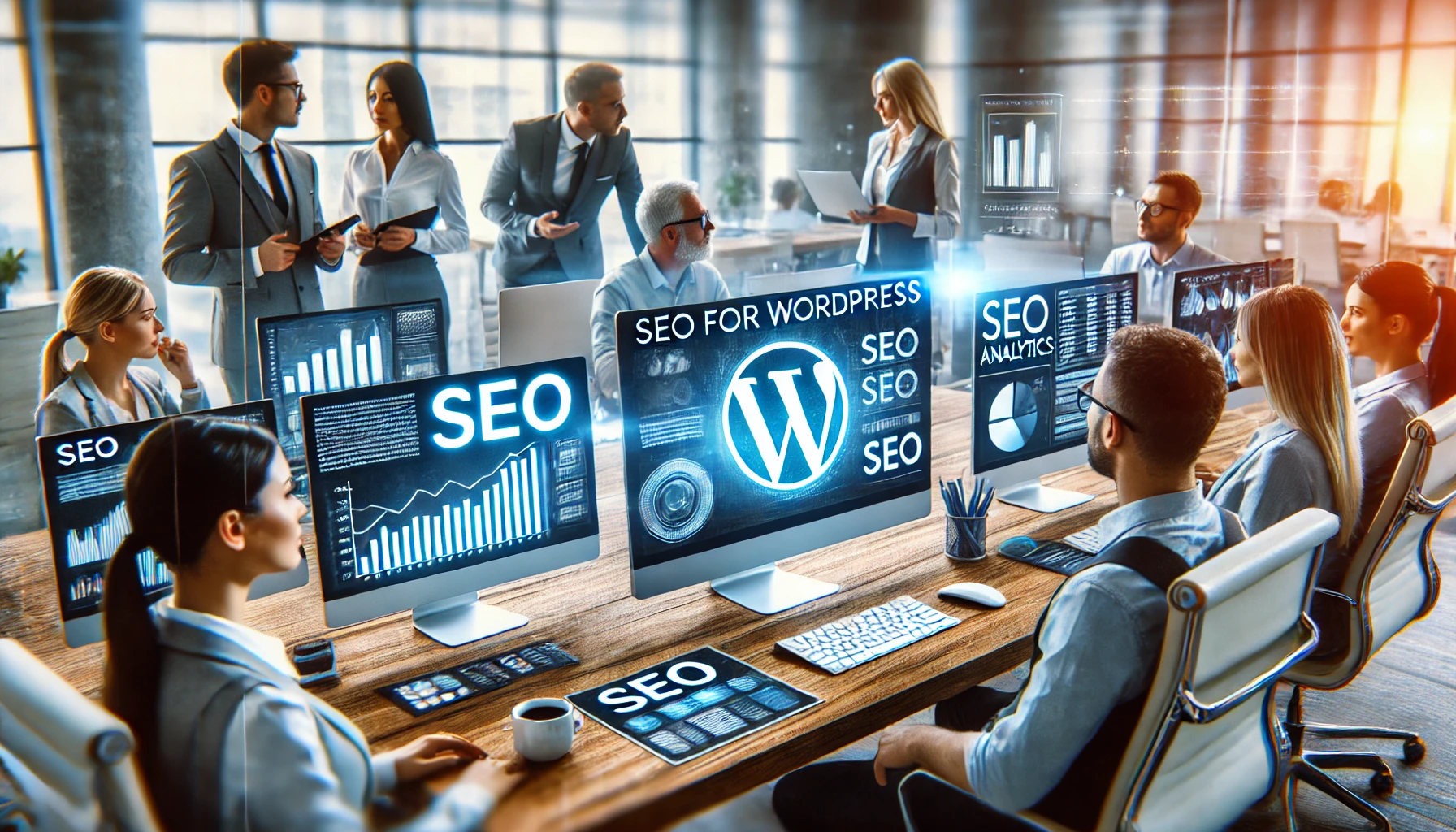 DALL·E 2024-12-25 10.51.03 - A modern digital marketing office focusing on SEO for WordPress, showing a diverse team of SEO specialists analyzing data and discussing strategies. T