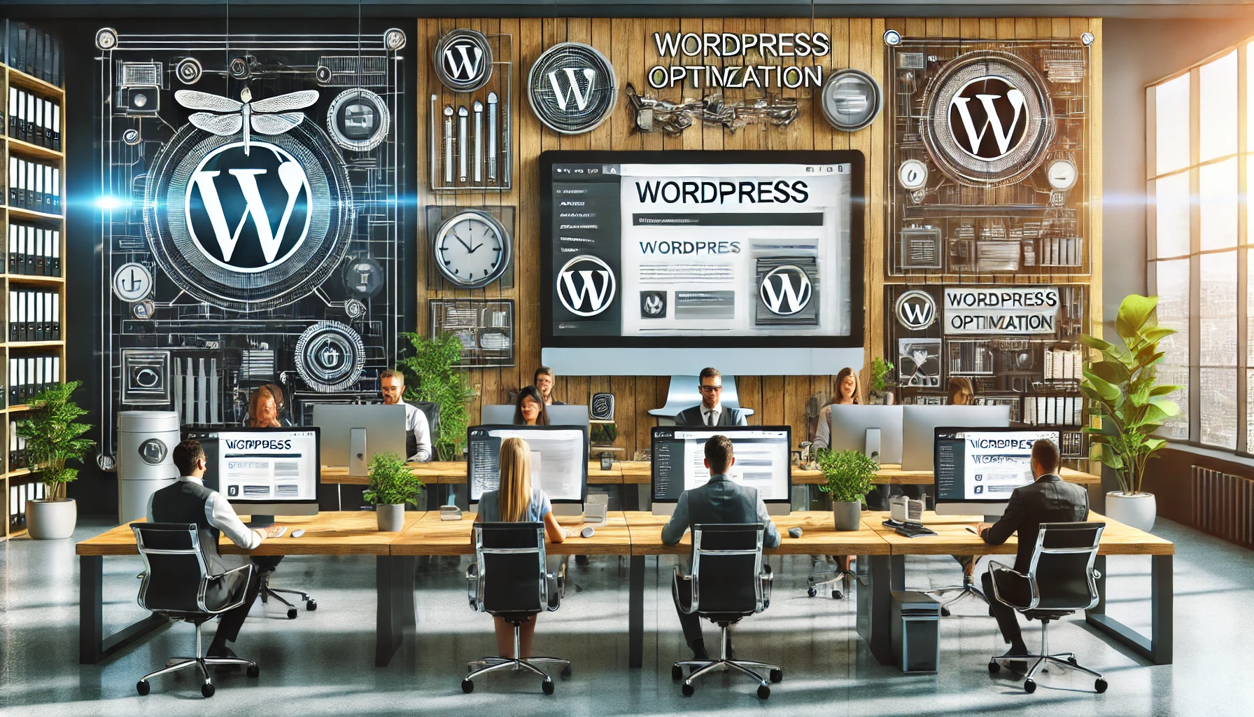DALL·E 2024-12-25 11.12.42 - A professional WordPress optimization workspace, featuring a tech-savvy environment with monitors displaying WordPress themes and plugins, and a team