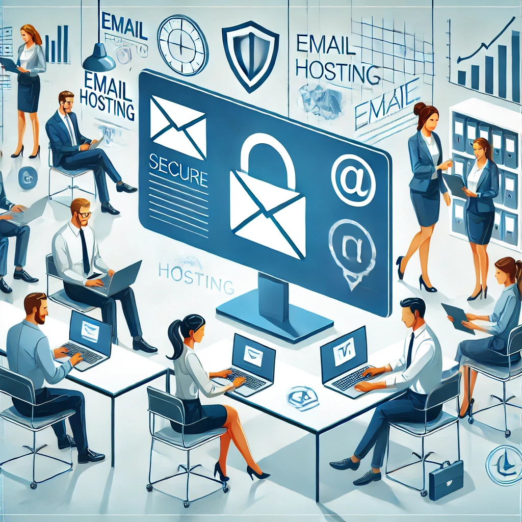 DALL·E 2025-01-22 08.34.40 - Create a square image for a web section on Email Hosting. The image should depict a modern office environment with a diverse group of professionals in