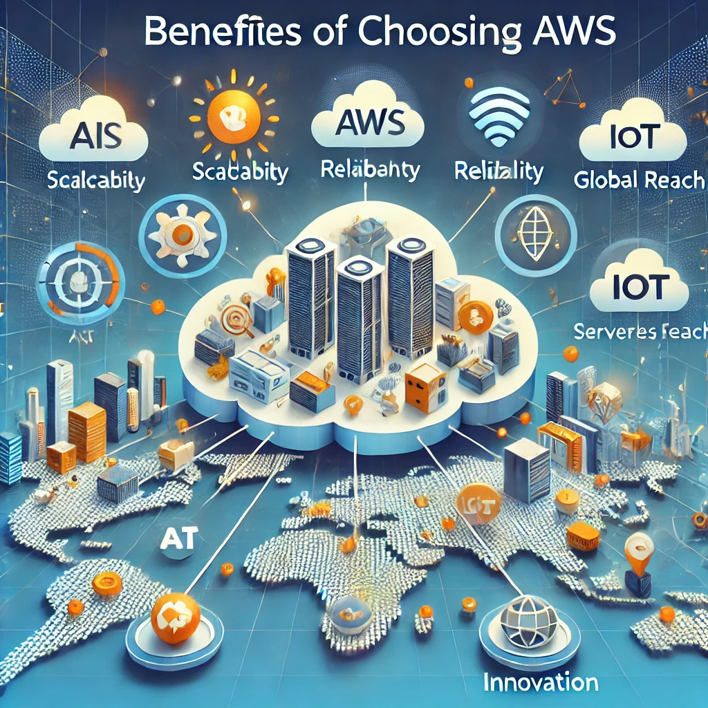 DALL·E 2025-01-23 08.10.50 - A visually striking illustration titled 'Benefits of Choosing AWS,' featuring a dynamic cloud infrastructure with icons representing scalability, reli