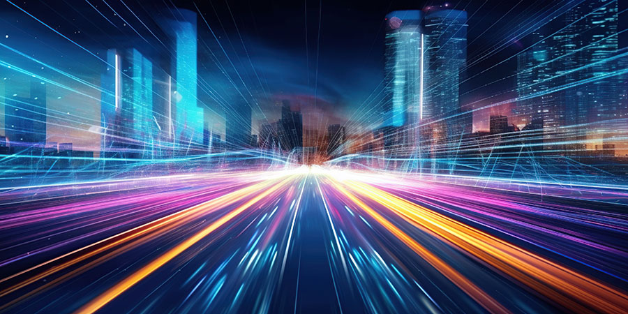 Digital data flow on road with motion blur to create vision of f